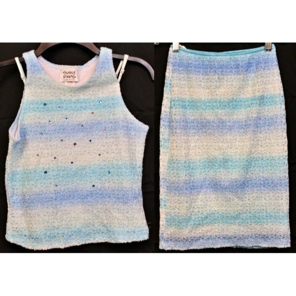Sara Sara 2pc Tank Top Skirt 12 Blue Ombre Rhinestone Beach Ocean Stretch Casual